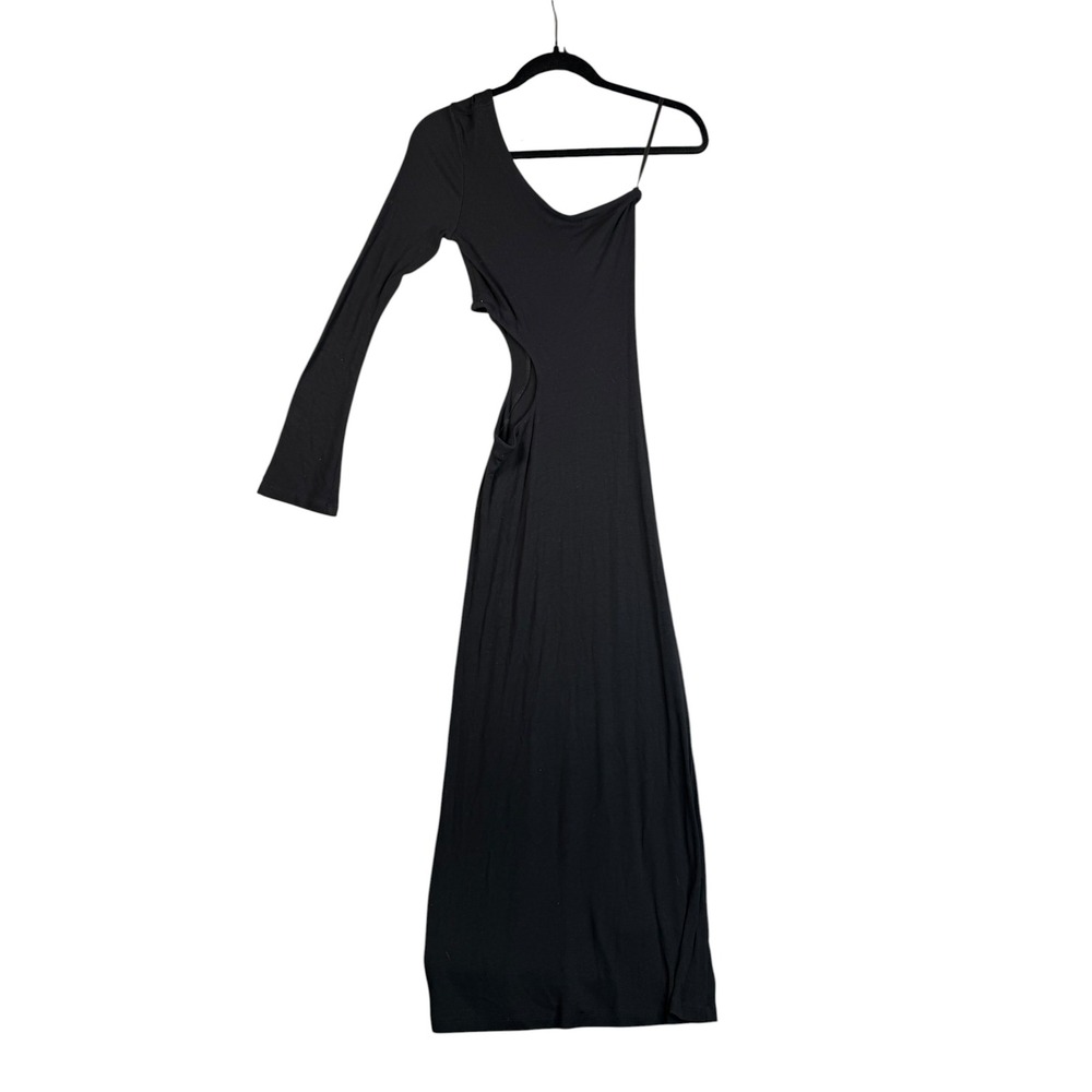 LNA Black Ribbed One Shoulder Cutout Maxi Dress XS Long Sleeve Asymmetric